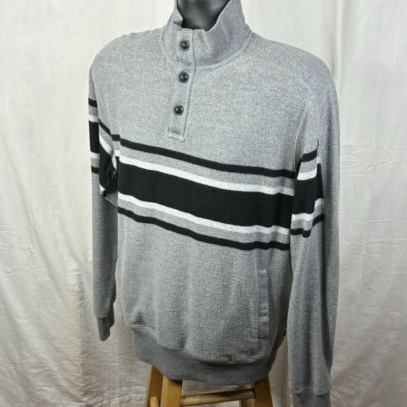Chaps Sweater Mens Large Gray Black Stripe 1/4 Button Neck Pockets‎ Sweatshirt - Picture 1 of 16